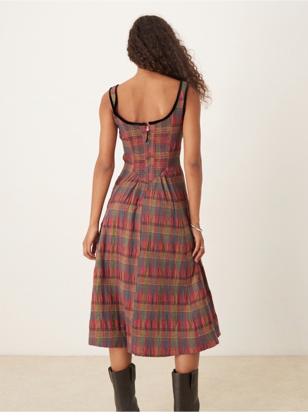 Free People Plaid Midi Dress in Red, Green & Yellow with Tie Front - Picture 2 of 6
